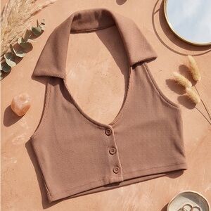 Fashion Nova Stylish Brown Halter Ribbed Crop Top